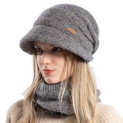 WANYIG Damen Wintermütze Strickmütze mit Schal mit Schal Herbst Damenmützen Winter Schal und Mütze Set mit Visier/Weichem Innenfutter Gefütterte (Gelb) von WANYIG