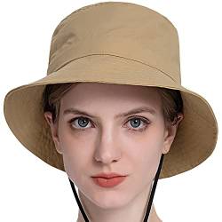 WANYIG Sonnenhut Damen Faltbar Pferdeschwanz UV Schutz Sommerhut Frauen Outdoor Hut Gartenhut Wanderhut Anglerhut Boonie Hat mit Kinnband und Zopfloch (Khaki) von WANYIG