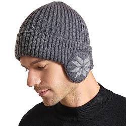 WANYIG Unisex Wintermütze Strickmütze Beanie Winter Mütze Warme Plain Hat mit 9cm Ohrenklappen für Damen und Herren(Dunkelgrau) von WANYIG