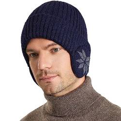 WANYIG Unisex Wintermütze Strickmütze Beanie Winter Mütze Warme Plain Hat mit 9cm Ohrenklappen für Damen und Herren(Navy) von WANYIG