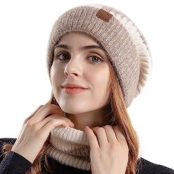 WANYIG Winter Mütze mit Schal Damen Wintermütze Warm Strickmütze Wollmütze Weich Gestrickt Beanie Loop Schal Set für Herbst Winter 55-60cm(Beige) von WANYIG