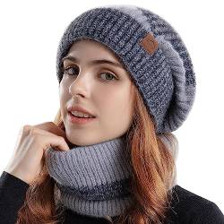 WANYIG Winter Mütze mit Schal Damen Wintermütze Warm Strickmütze Wollmütze Weich Gestrickt Beanie Loop Schal Set für Herbst Winter 55-60cm(Grau) von WANYIG