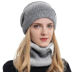 WANYIG Wintermütze Strickmütze mit Schal Damen Warme Mütze Beanie Herbst Winter Schal und Mütze Set 56-60CM (Farbverlauf Grau) von WANYIG