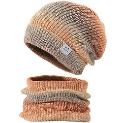 WANYIG Wintermütze Strickmütze mit Schal Damen Warme Mütze Beanie Herbst Winter Schal und Mütze Set 56-60CM (Farbverlauf Orange) von WANYIG