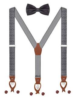 Herren Hosenträger Fliege Set 2 WAY TO WEAR 6 Leder Knopfloch 3 Clips Y-Form 3,5cm Breit Verlängerte Hosenträger für Körpergröße 160-200cm - Weiß Schwarz Paisley von WANYING