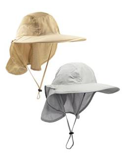 WANYING 2 Stücke Unisex UV Schutz Sonnenhut mit Nackenschutz 12cm Großer Brim Outdoor Aktivitäten - für Kopfumfang 56-62cm Hellgrau & Hellkhaki von WANYING