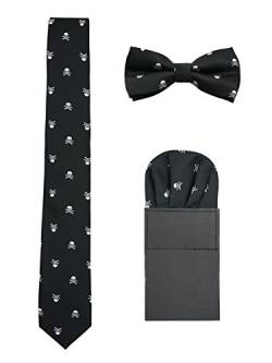WANYING Herren 6cm Krawatte & Gebundene Fliege & Einstecktuch 3 in 1 Set Yuppie Trendmode Casual Cool - Totenkopf Pattern Schwarz von WANYING