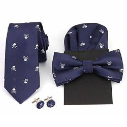 WANYING Herren 6cm Krawatte & Gebundene Fliege & Einstecktuch & Manschettenknöpfe 4 in 1 Set Yuppie Trendmode Casual Cool - Totenkopf Pattern Dunkelblau von WANYING