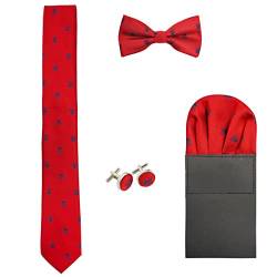 WANYING Herren 6cm Krawatte & Gebundene Fliege & Einstecktuch & Manschettenknöpfe 4 in 1 Set Yuppie Trendmode Casual Cool - Totenkopf Pattern Rot von WANYING