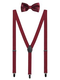 WANYING Herren Hosenträger Fliege Set - 3 Schwarz Clips Y Form 2,5cm Hochelastisch Hosenträger für Herren 150-200cm - Bordeaux Rot von WANYING