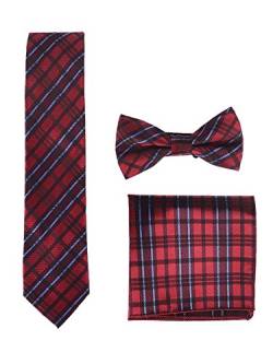 WANYING Herren Klassische 6 * 12cm Fliege & 6cm Schmale Krawatte & 22 * 22 cm Einstecktuch 3 in 1 Sets - Kariert Rot Blau Dunkelrot von WANYING