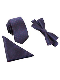 WANYING Herren Klassische 6 * 12cm Fliege & 6cm Schmale Krawatte & 22 * 22 cm Einstecktuch 3 in 1 Sets - Rot Gepunket Dunkelblau von WANYING
