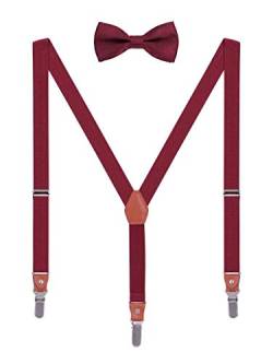 WANYING Unisex Hosenträger Fliege Set für Herren Damen 3 Starken Langen Clips Y-Form Elastische Hosenträger für Körpergröße 140-185cm - Bordeaux Rot von WANYING