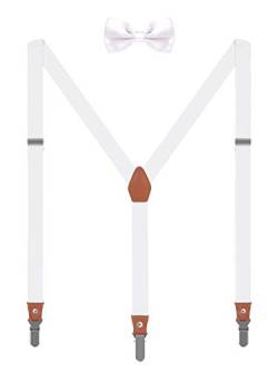 WANYING Unisex Hosenträger Fliege Set für Herren Damen 3 Starken Langen Clips Y-Form Elastische Hosenträger für Körpergröße 150-200cm - Weiß von WANYING
