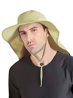 WANYING Unisex UV Schutz Sonnenhut mit 33cm Langem Nackenschutz 12cm Großer Krempe Hut für Outdoor Safari Angeln Camping Gartenarbeit - für Kopfumfang 56-60cm Einfarbig Khaki von WANYING