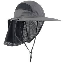 WANYING Unisex UV Schutz Sonnenhut mit Nackenschutz 12cm Großer Brim Outdoor Aktivitäten - für Kopfumfang 56-62cm Dunkelgrau von WANYING