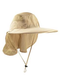 WANYING Unisex UV Schutz Sonnenhut mit Nackenschutz 12cm Großer Brim Outdoor Aktivitäten - für Kopfumfang 56-62cm Hellkhaki von WANYING