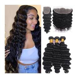 Brazilian Hair Bundles Lose tiefe Wellenbündel mit Verschluss, 25,4–101,6 cm, brasilianische Echthaarverlängerung, freier Teil, lockiges Gewebe, 3/4 Bündel mit Spitzenverschluss, natürliche Farbe Huma von WAOCEO