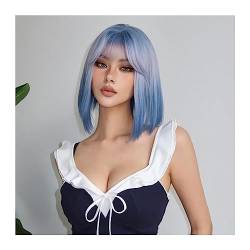 Haarteile 14 Zoll/35 cm blaue Cosplay-Synthetik-Perücken, kurzer Bob, gerade, Lolita, Halloween-Haar-Perücke mit Pony for Afro-Frauen, hitzebeständig Perücken von WAOCEO