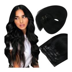 Haarverlängerungen 7 Stück Clip-in-Haarverlängerungen, tiefschwarz, echtes Echthaar, Clip-in-Extensions, schwarz for Frauen, Clip-in-Haarverlängerungen, echtes Echthaar, weiches Haar #1, tiefschwarz, von WAOCEO