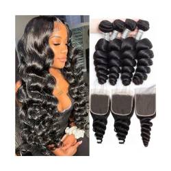 Human Hair Bundles 10–40 Zoll lose gewellte Bundles mit Verschluss, brasilianisches Echthaar, natürliche schwarze gewellte, lockige Remy-Haarverlängerungen mit Spitzenfront human hair weave (Size : 1 von WAOCEO