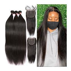 Human Hair Bundles 12-32 Zoll Bone Straight Bündel mit 4x4 Spitze Frontal Brasilianische Haarwebart Bündel mit Schließung Menschenhaarbündel und Spitzenverschluss human hair weave (Size : 4" x 4", C von WAOCEO