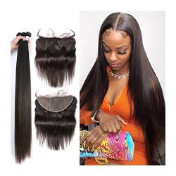 Human Hair Bundles 8-40 zoll Peruanisches Haarwebart 3 Bündel mit 13x4 Spitze Frontal und Verschluss Remy Gerade Menschliche Haarverlängerung Bündel natürlich schwarz human hair weave (Size : 20 22 2 von WAOCEO