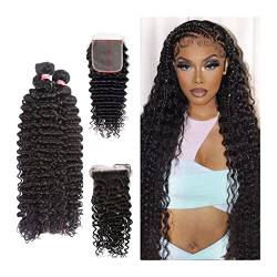 Human Hair Bundles Brasilianisches menschliches Haar 3 Bündel mit transparentem Spitzenverschluss 5 "× 5" Spitze Gemischte Länge Haarbündel Tiefwelle Webart Haarbündel mit Schließung human hair weave von WAOCEO