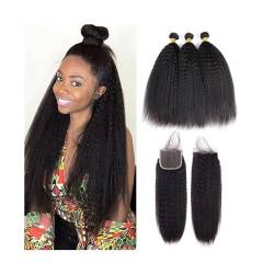 Human Hair Bundles Verworrene gerade Bundles mit Verschluss, Echthaar, 3/4 Bundles mit Verschluss, brasilianische Remy-Yaki-Haarverlängerung, natürliches Schwarz, vorgezupft, mit Babyhaar human hair w von WAOCEO