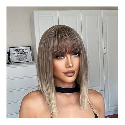 Perücke Graublonde, kurze Bob-Ombre-Synthetik-Perücken, mittleres glattes Asche-Cosplay-Haar mit Pony for Frauen, Afro, natürlich, hitzebeständig synthetische Perücken von WAOCEO