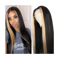 perücke Straight Hair 13x4 Lace Frontal Wig 1B/27 Ombre Highlight Human Hair Wigs for Black Women 8-30inch Straight Transparent Lace Front Wigs Kunstfaserhaar (Color : 1B/27 150 density, Size : 26in von WAOCEO