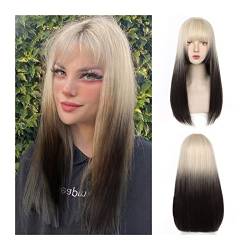 perücke braun Perücke mit langem glattem Haar und Pony, blonder Farbverlauf, schwarz, grau, gerade Perücke, natürliche, hitzebeständige, synthetische Partykostüm-Cosplay-Perücke for Frauen Natürliches von WAOCEO