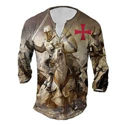 WAVOTIQ Herren Distressed Shirt 3D Templer Print Langarm T-Shirt Button Up Shirt Retro Biker Motorrad Distressed Tops von WAVOTIQ