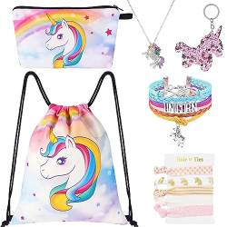 10 PCS Einhorn Turnbeutel mit Kordelzug Set - Einhorn Kordelzug Tasche für Mädchen Kordelzug Tasche Geschenke Kosmetiktasche Schlüsselanhänger Armband Halskette Haarbänder Kinder Mädchen Turnbeutel von WAWSAM