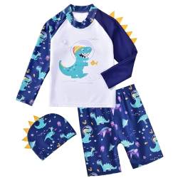 WAWSAM Baby Jungen Badebekleidung Jungen Schwimmanzug Dinosaurier 3 Peciis Rashguard Baby schutzkleidung Kleinkind Jungen Badeanzug mit Hut Zweiteiler von WAWSAM