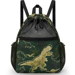 WAWSAM Kinder Sport Turnbeutel - Dinosaurier Kordelzug Rucksack für Jungen Mesh Rucksack mit Reißverschluss Tasche Kinder Turnbeutel für Schwimmen Yoga Reisen von WAWSAM