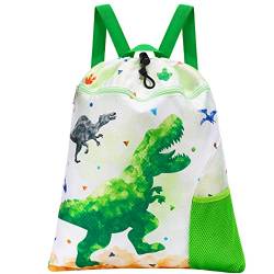 WAWSAM Kordelzug Rucksack Kinder - Wasserdicht Dinosaurier Turnbeutel String-Rucksack für Jungen Sport Schule Strand Reisen Schwimmen Sportbeutel mit Reißverschlusstasche Wasserflasche Tasche von WAWSAM