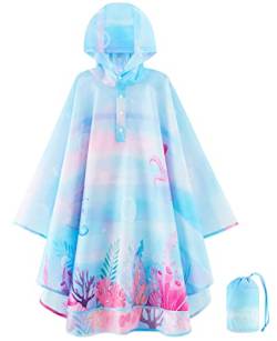 WAWSAM Leichte Kinders Regenponcho Wiederverwendbar Mädchen Regenmantel mit Kapuze Wasserdichter Regenponcho für Kleinkinder Atmungsaktiv Regencape mit Meerjungfrauen Muster von WAWSAM