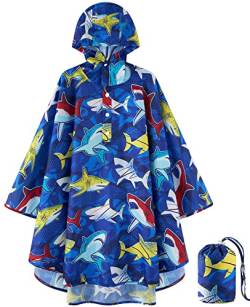WAWSAM Leichter Regenponcho für Kinder Wiederverwendbare Regenjacke mit Kapuze für Jungen Wasserdichte Regencape für Kleinkinder Cartoon Regenponcho mit Hai-Muster von WAWSAM