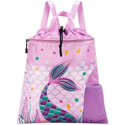 WAWSAM Turnbeutel mit Kordelzug – Sportbeutel für Kinder, wasserdicht, Schwimm- und Strandrucksack mit Reißverschlusstasche und Wasserflaschenhalter, violett, 38 von WAWSAM