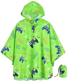 WAWSAM Videospiel Regenjacke Wiederverwendbar Leicht Regenponcho für Kinder Jungen Go Win Level Up Wasserdichter Grüner Regenmantel mit Kapuze und Beuteltasche von WAWSAM