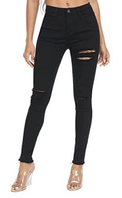 WAYRUNZ Damen Hyper Ultra Stretch Bequeme Hose Farbige Mid-Rise Skinny Jeans Juniors Jeggings, 061-ripped Black, 38 von WAYRUNZ