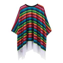 WAZHAKU Mexikaner Kostüm Poncho Alechandro Poncho Regenbogen Gestreift Polyester Poncho mit Fransen Verkleidung Umhang Herren für Mexiko Fasching Party Karneval Mexikaner Cinco de Mayo Kostüm von WAZHAKU