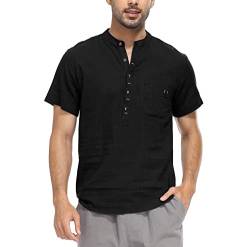 WAZZAP Herren Baumwolle Leinenhemd Henley Sommerhemd Kurzarm Hemd Regular Fit Freizeithemd Shirts von WAZZAP