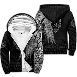 WDBAYXH Nordische Mythologie Raven of Odin Warmer Dicker Fleece-Hoodie mit Reißverschluss, Viking Tattoo 3D-Druck-Sweatshirt, Herren-Kapuzenpullover Lässige Trainingsjacke Streetwear,Raven 1,M von WDBAYXH