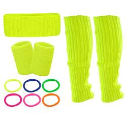 WDFCN 80er 90er Neon Gelb Bein Stulpen Schweißband Set Neon Strümpfe Gestrickte Stulpen Laufen Stirnband Armbänder für Karneval Tanzen Aerobic Kostüm Zubehör von WDFCN