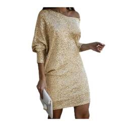 WDLZB Damen Pailletten Kleider - Unregelmäßiger Kragen Glitzer Party Frühling Sexy Kurzer Rock One Shoulder Backless Cocktailparty Kleid Herbst Langarm Pullover Kleider,Gold,XL von WDLZB