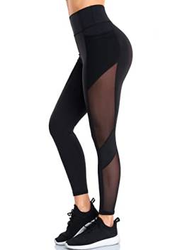 WE CUFFLLE Leggings für Frauen Hohe Taille Yoga Leggings mit Taschen, Bauchkontrolle Leggings Mesh, Workout Yoga Hosen, schwarz 2, X-Klein von WE CUFFLLE