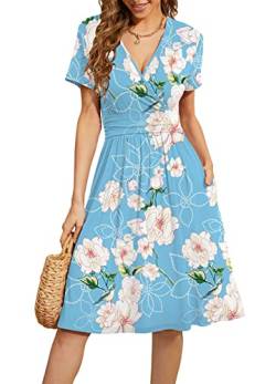 WEACZZY Damen Sommer Kurzarm Casual Kleider V-Ausschnitt Floral Partykleid mit Taschen, Blumenmuster hellblau, 3X-Groß von WEACZZY
