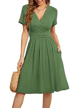 WEACZZY Damen Sommer Kurzarm Casual Kleider V-Ausschnitt Floral Partykleid mit Taschen, Grün (Army Green), X-Groß von WEACZZY